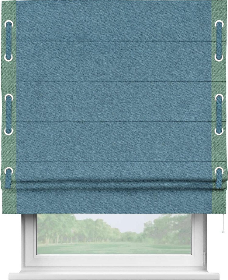 Римская штора «Кортин» с кантом Стрим Дуо (люверсы с пояском), для проема, ткань твид блэкаут, светло-синий